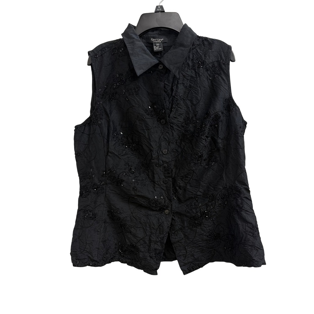 Sleeveless Top Silk Whimsigoth Karen Kane‎ Women XL Black Beaded Sequin Crinkle